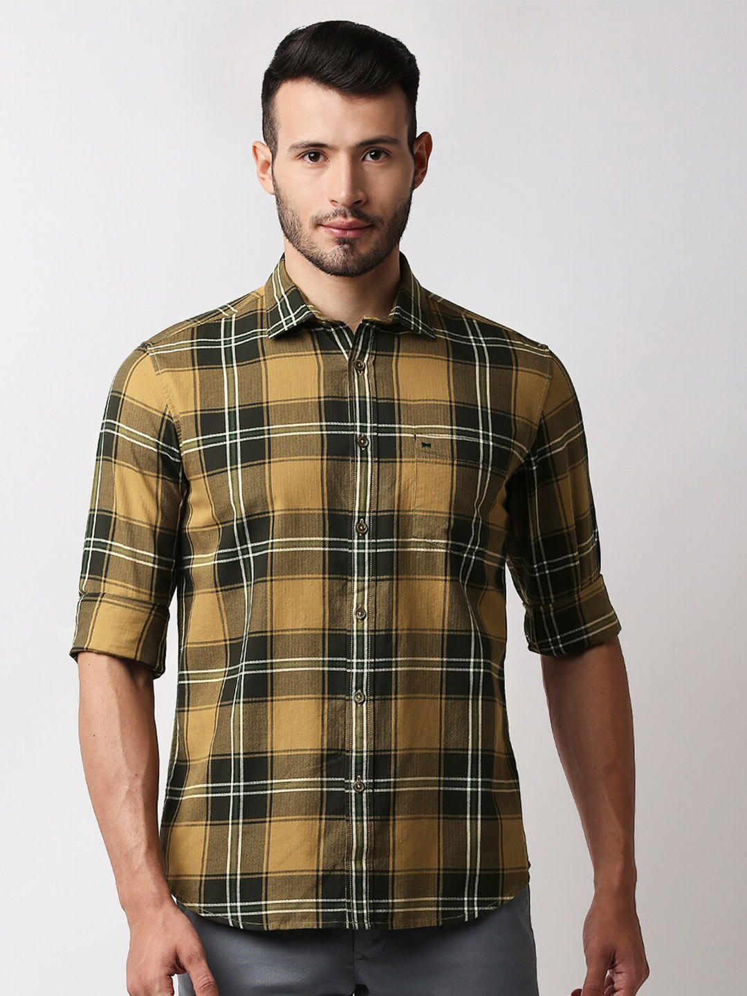 

Basics Men Khaki and Green Cotton Slim Fit Tartan Checks Checked Casual Shirt
