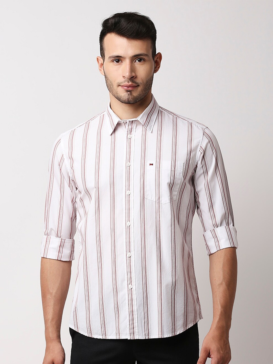 

Basics Men Red and White Slim Fit Striped Casual Shirt