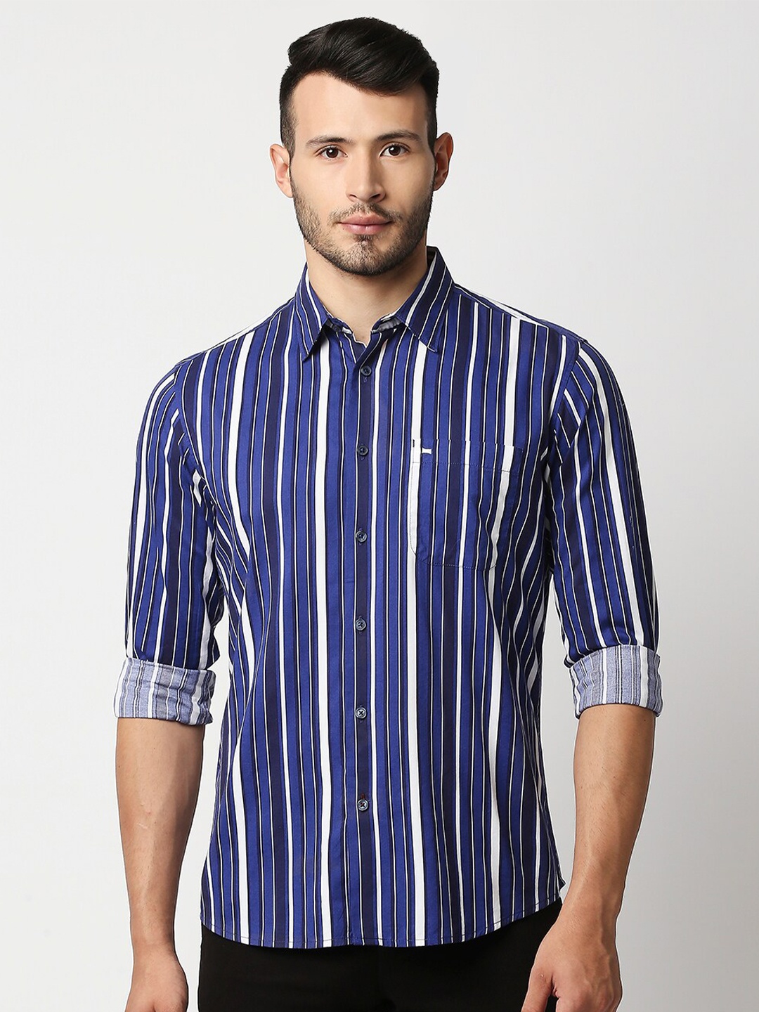 

Basics Men Blue and White Slim Fit Striped Casual Shirt