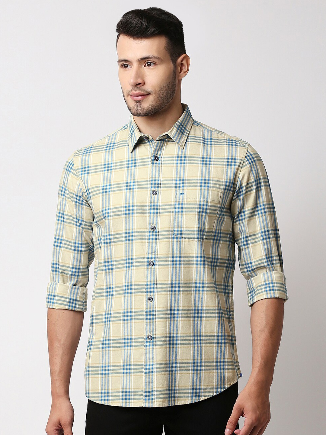 

Basics Men Beige and Blue Cotton Slim Fit Tartan Checks Checked Casual Shirt