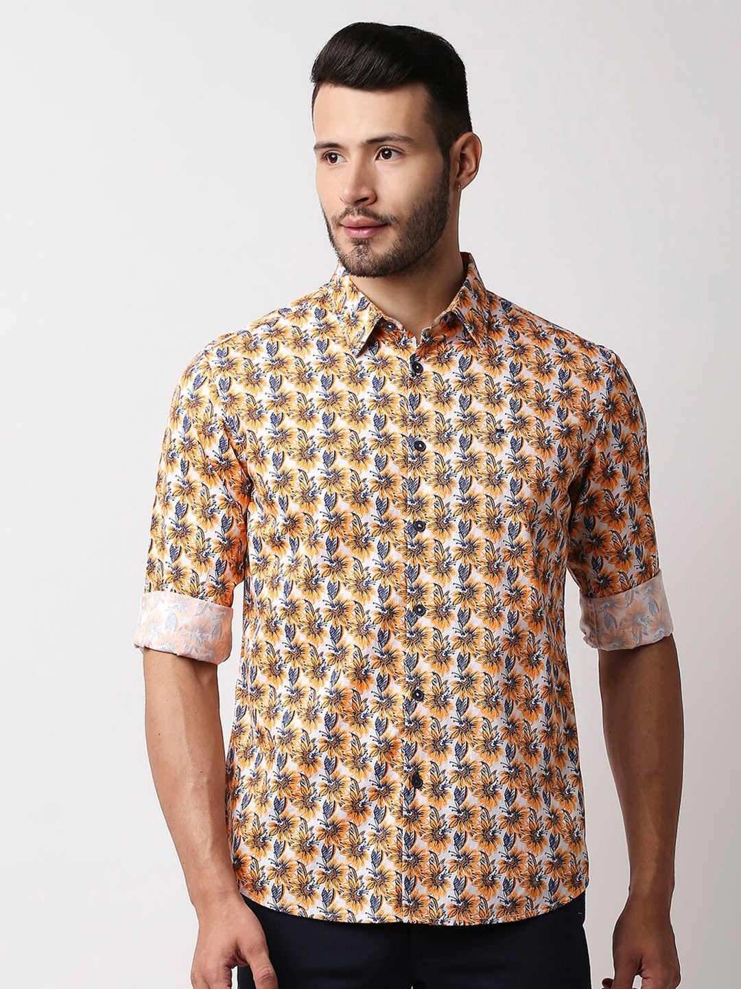 

Basics Men Orange Cotton Slim Fit Printed Casual Shirt