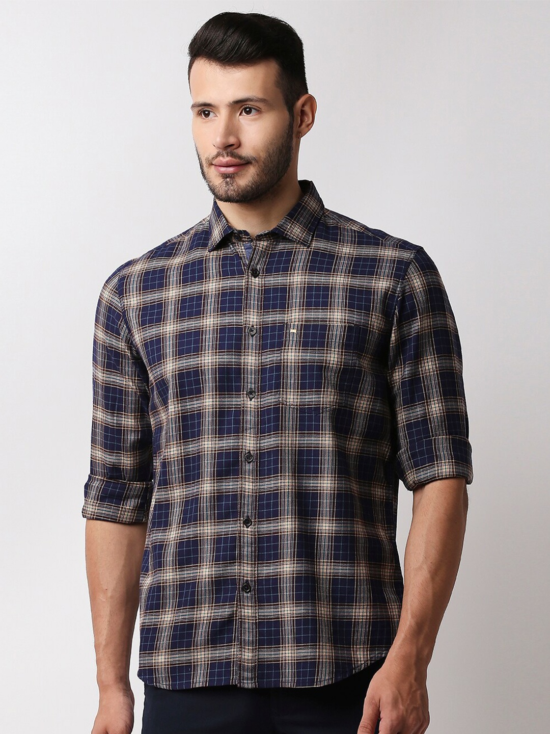 

Basics Men Navy Blue Slim Fit Tartan Checks Checked Casual Shirt