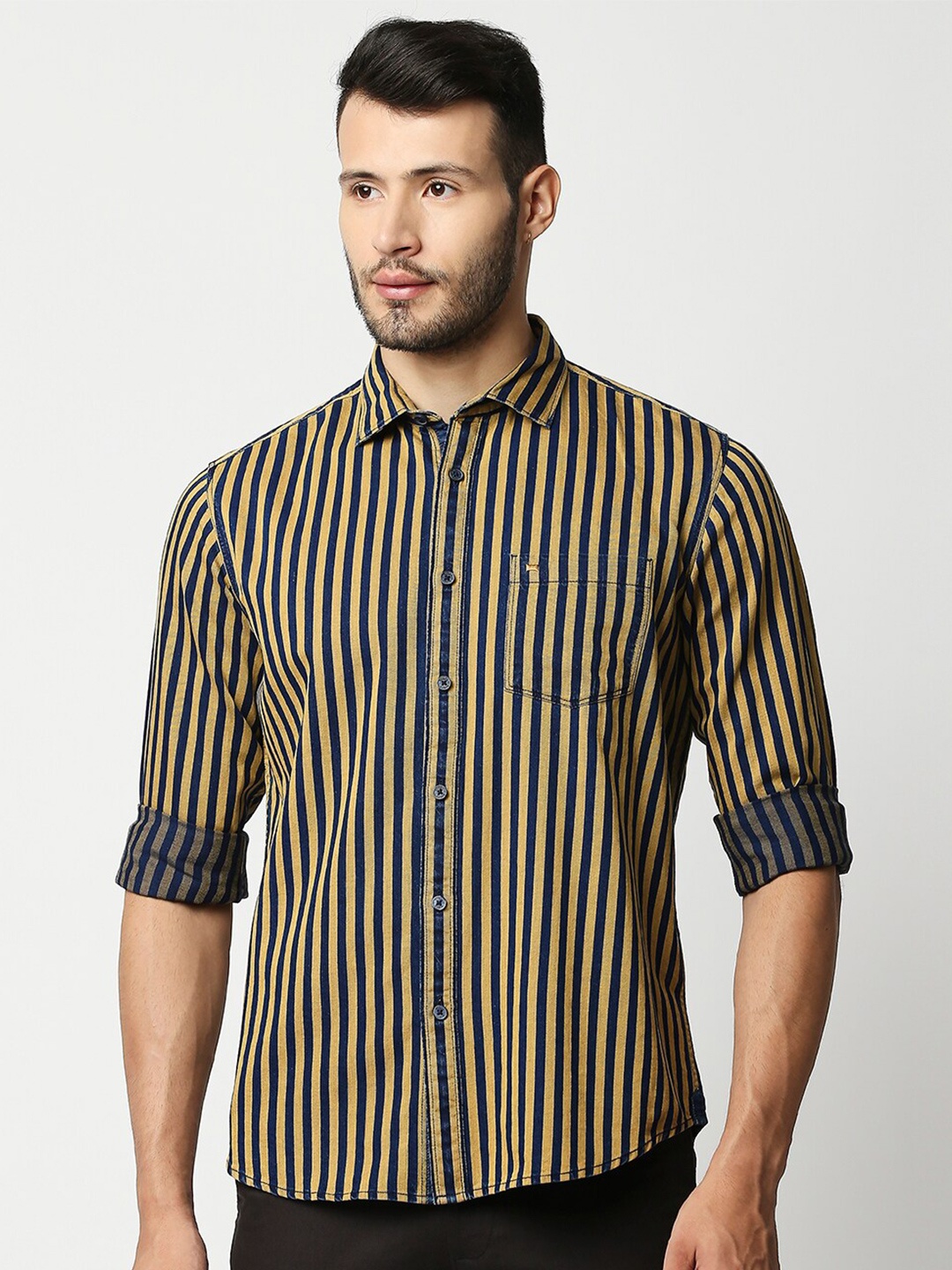 

Basics Men Yellow Slim Fit Striped Casual Shirt