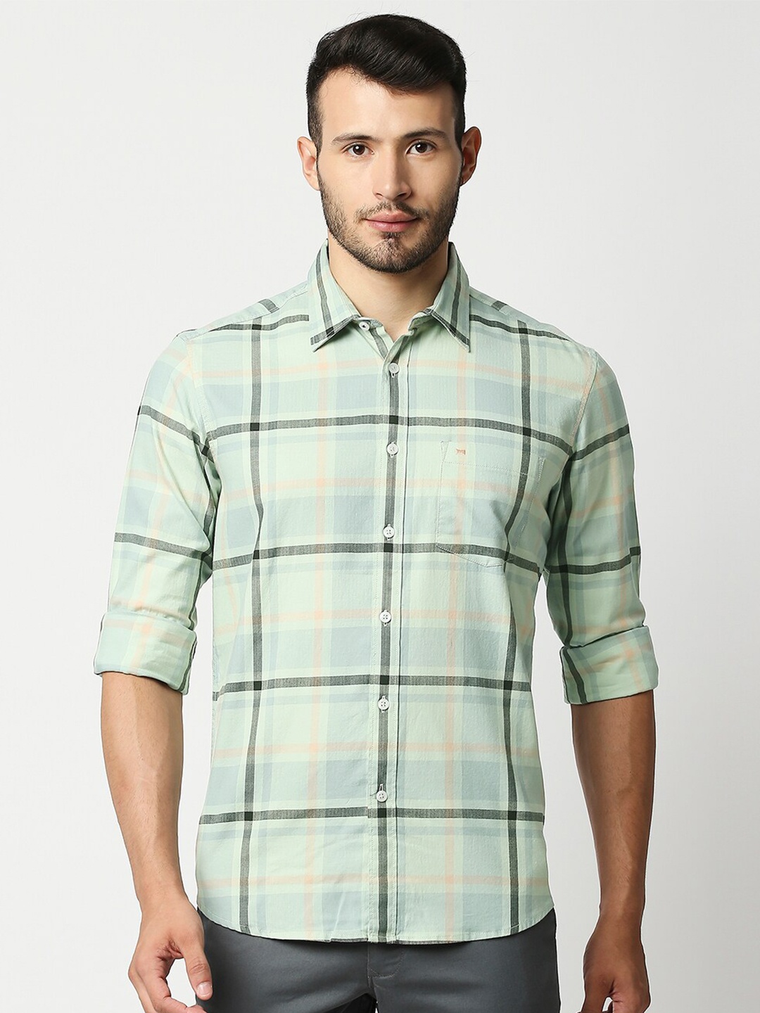 

Basics Men Green Slim Fit Tartan Checks Checked Casual Shirt
