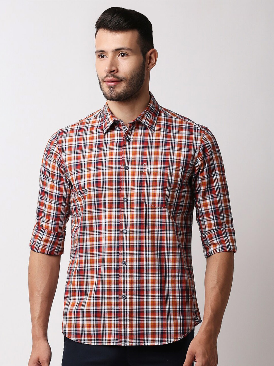 

Basics Men Orange Slim Fit Tartan Checks Checked Casual Shirt