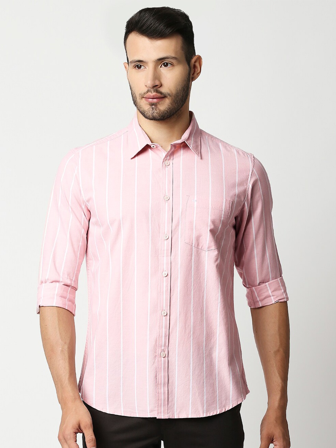 

Basics Men Pink Slim Fit Striped Casual Shirt
