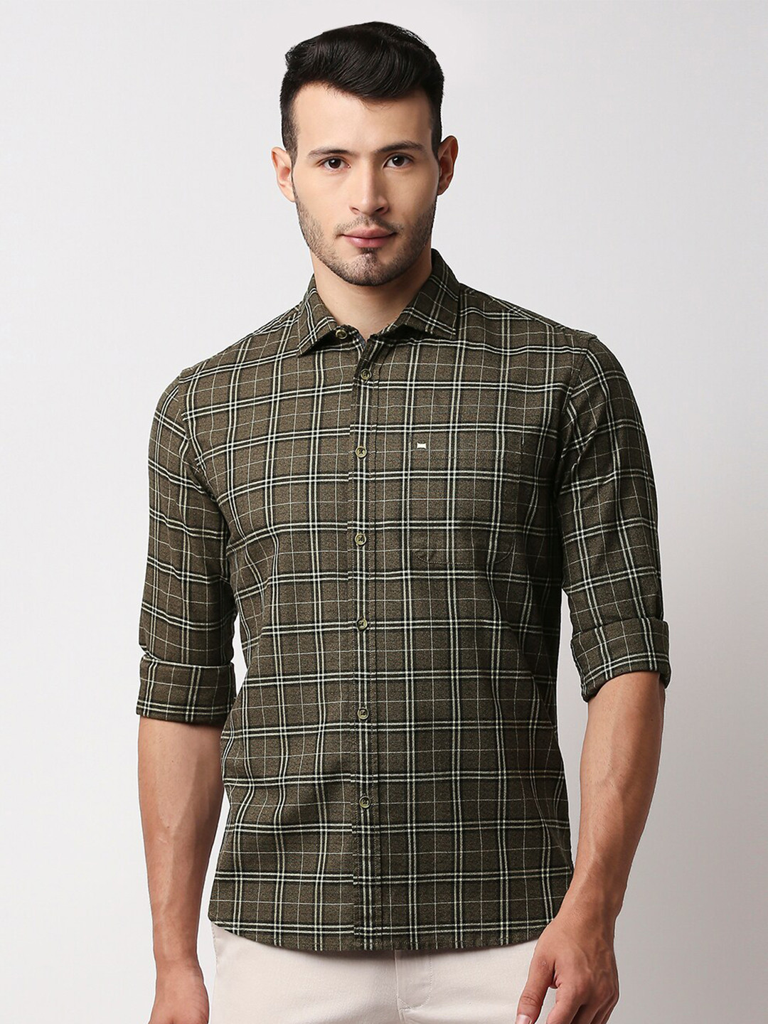 

Basics Men Khaki Slim Fit Checked Casual Shirt