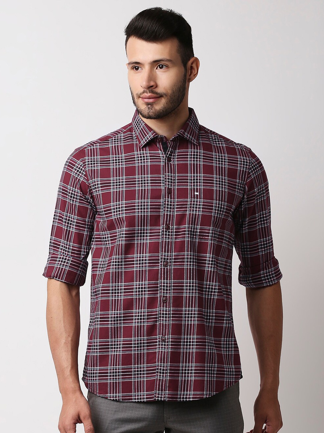 

Basics Men Maroon Slim Fit Tartan Checks Checked Casual Shirt