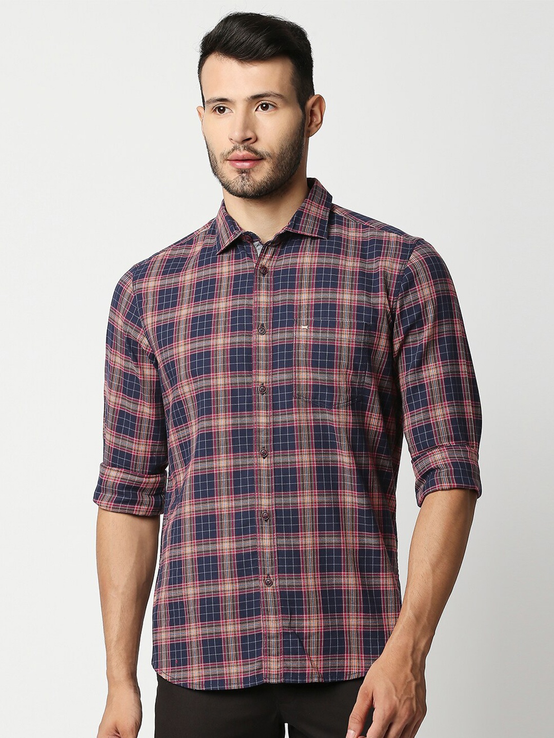 

Basics Men Navy Blue Slim Fit Checked Casual Shirt