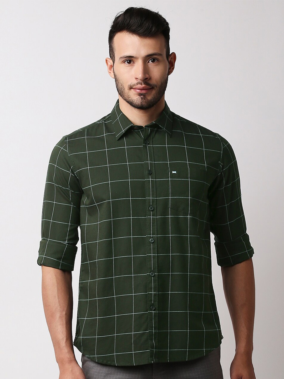 

Basics Men Green Slim Fit Windowpane Checks Checked Casual Shirt