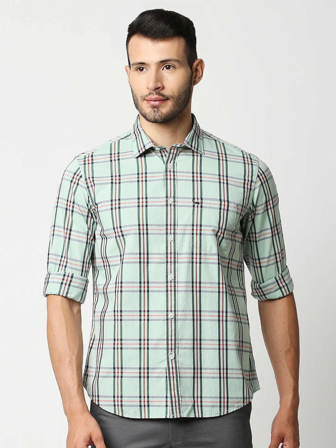 

Basics Men Green Slim Fit Checked Casual Shirt