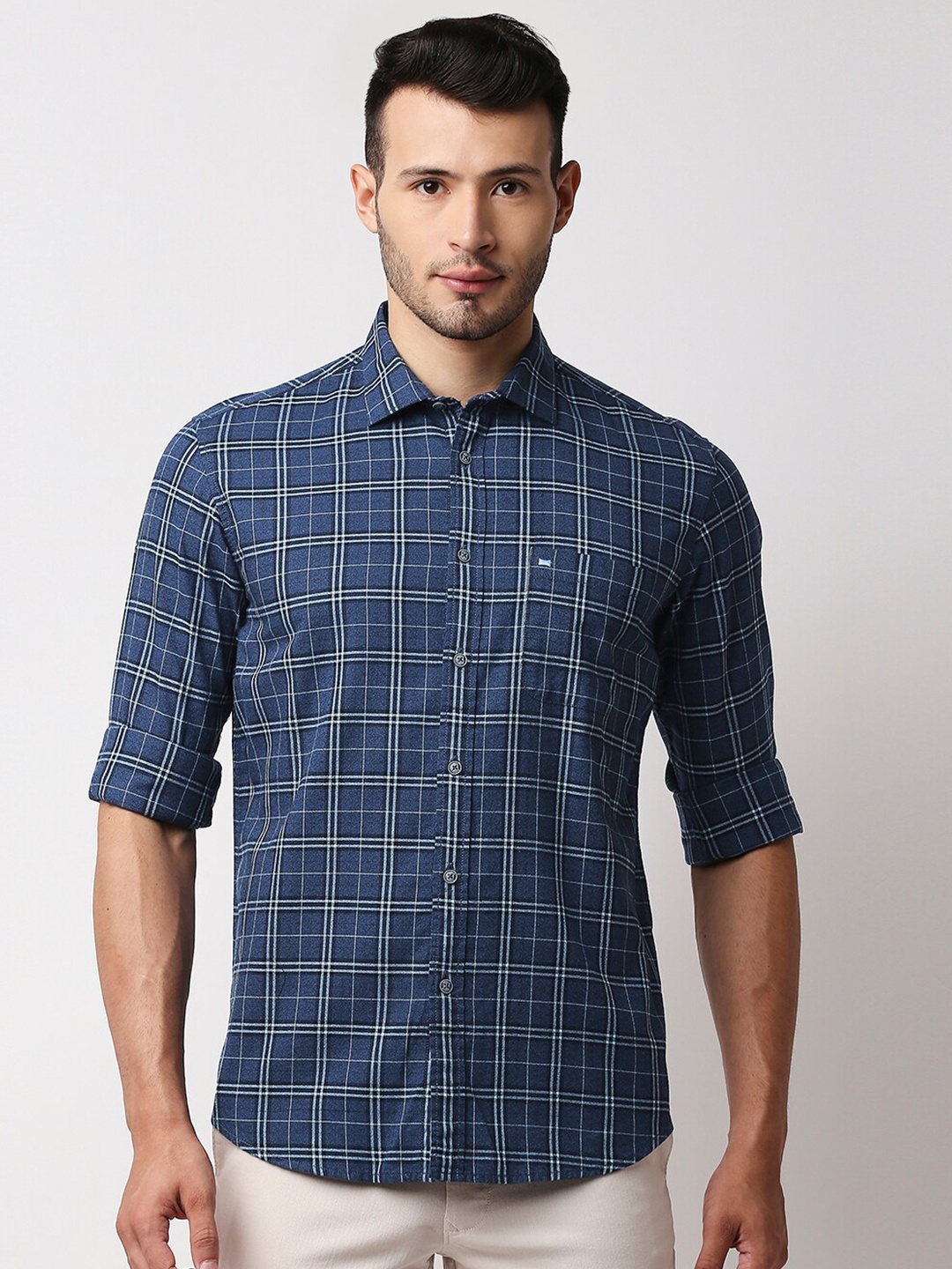 

Basics Men Blue Slim Fit Checked Casual Shirt