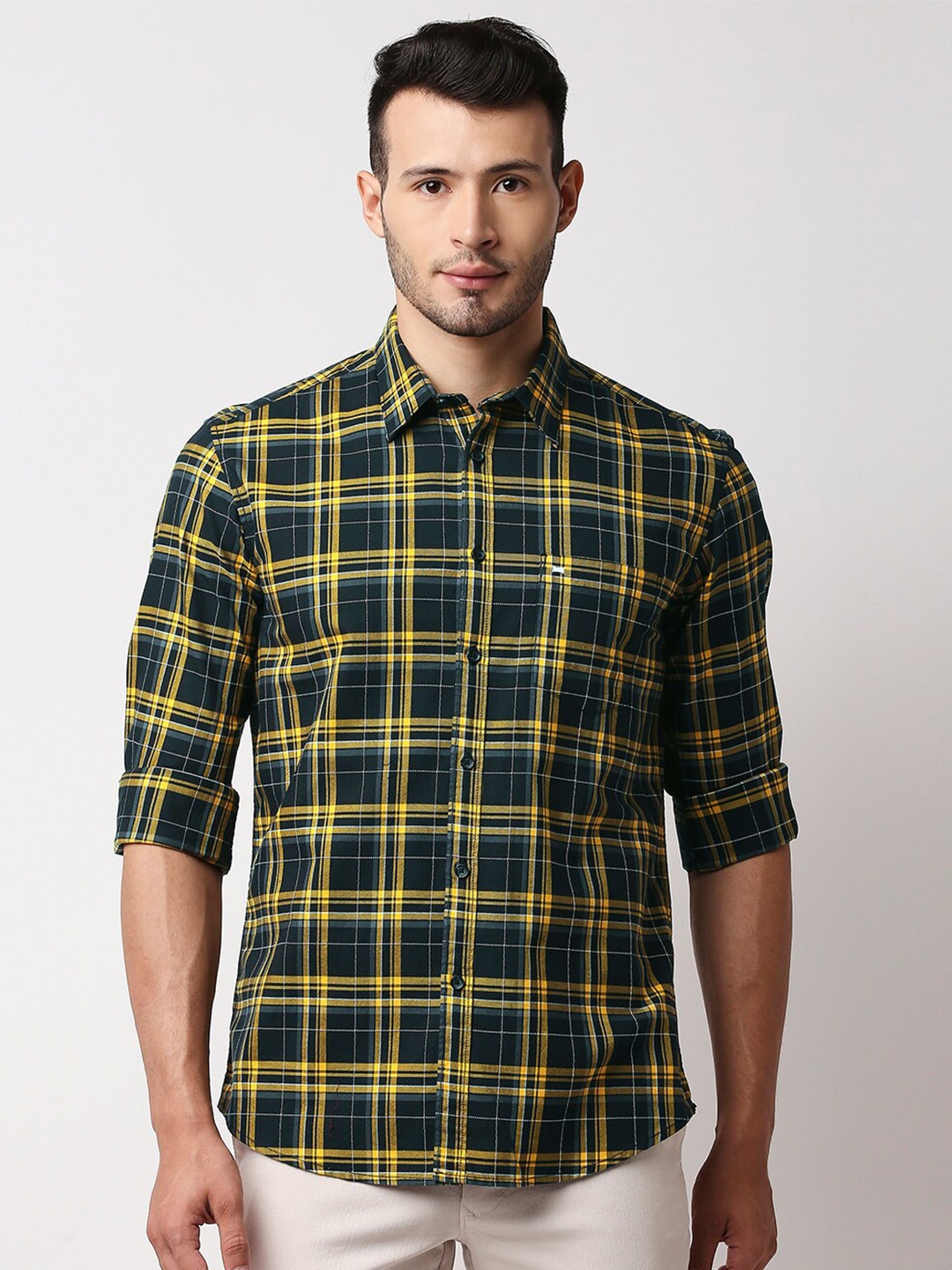 

Basics Men Yellow Slim Fit Tartan Checks Checked Casual Shirt