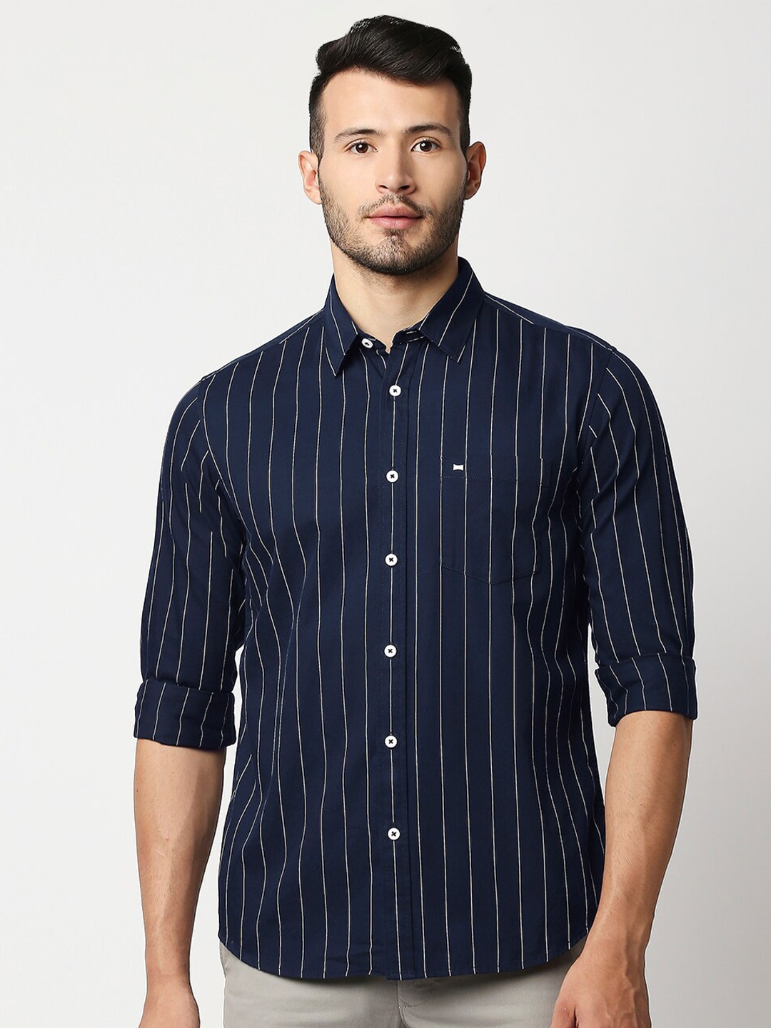 

Basics Men Navy Blue Slim Fit Striped Casual Shirt