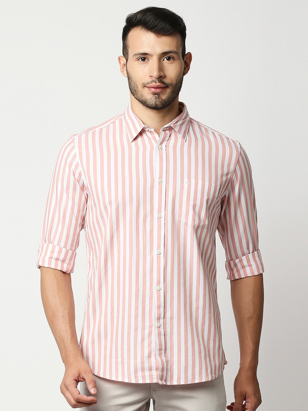 

Basics Men Orange Slim Fit Striped Casual Shirt