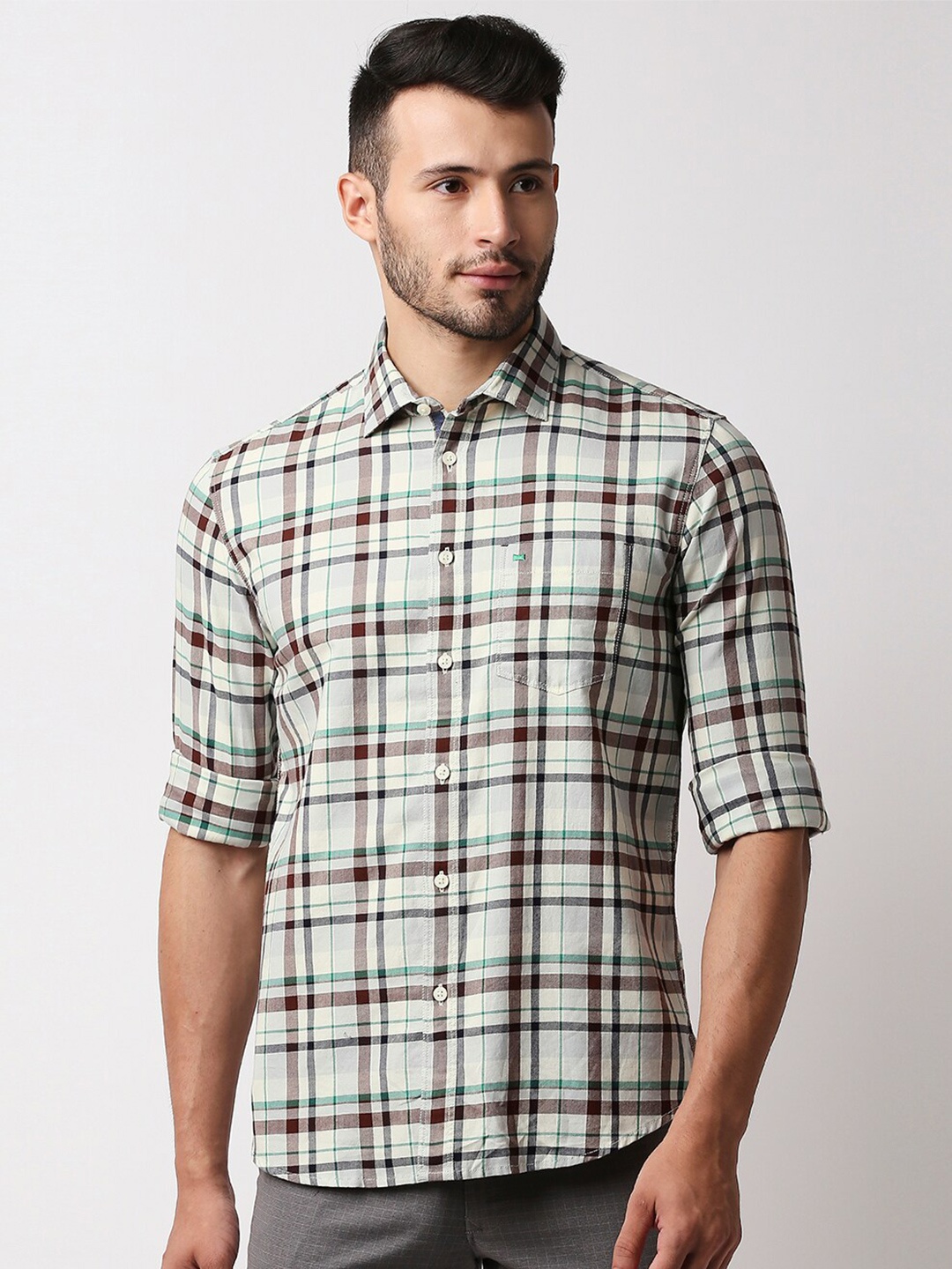 

Basics Men Green & Brown Slim Fit Tartan Checks Casual Shirt
