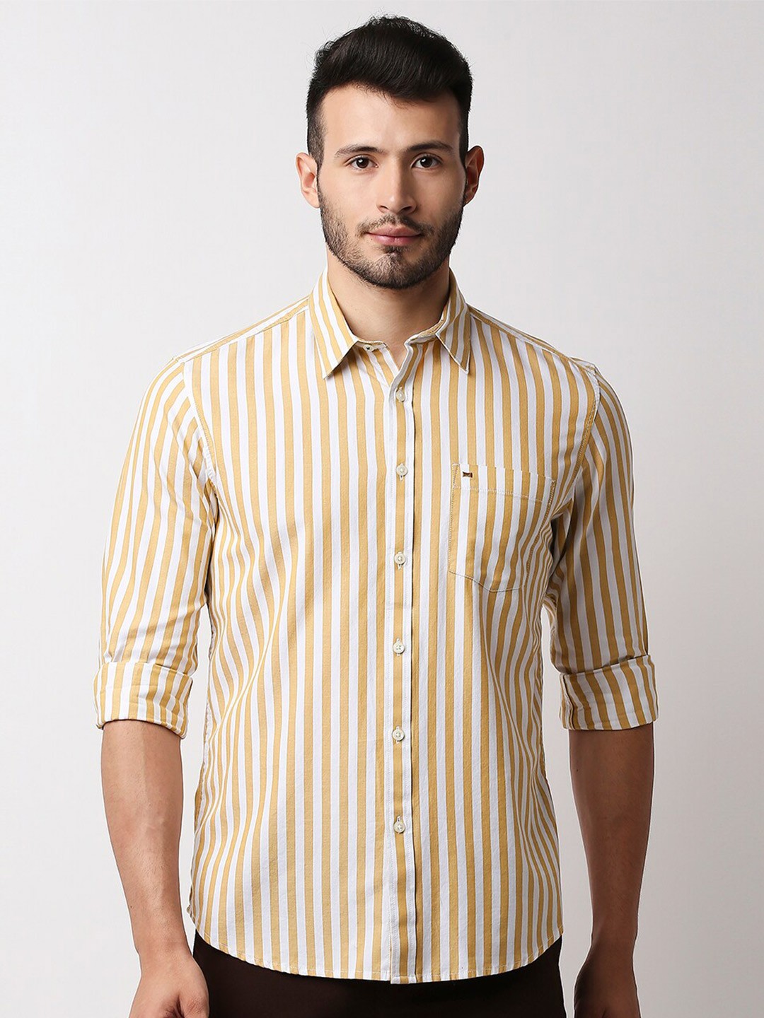 

Basics Men Beige Slim Fit Striped Casual Shirt