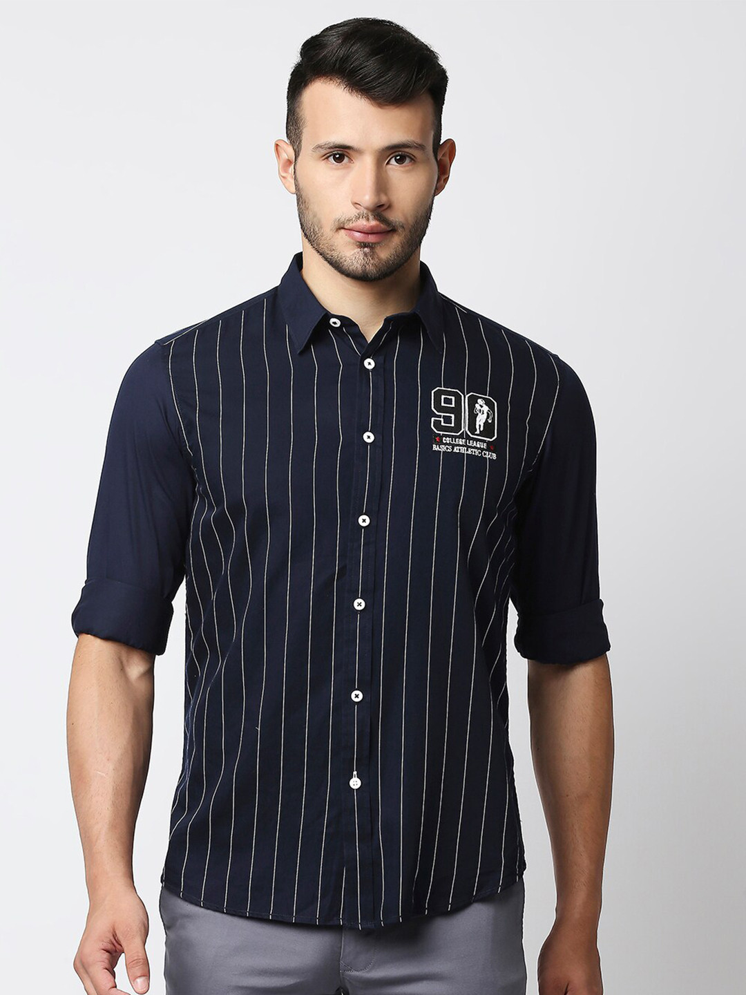 

Basics Men Navy Blue Slim Fit Striped Casual Shirt