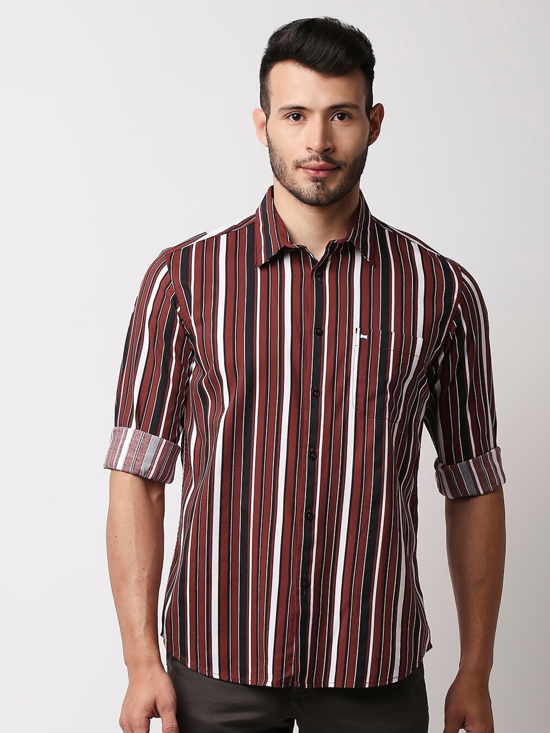 

Basics Men Red Slim Fit Multi Striped Casual Shirt