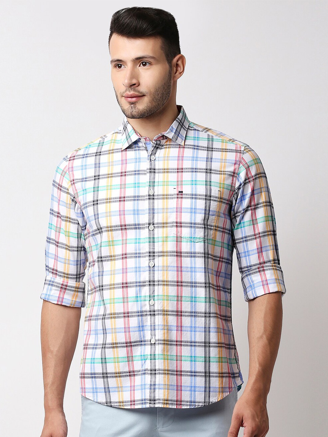 

Basics Men White Slim Fit Checked Casual Shirt