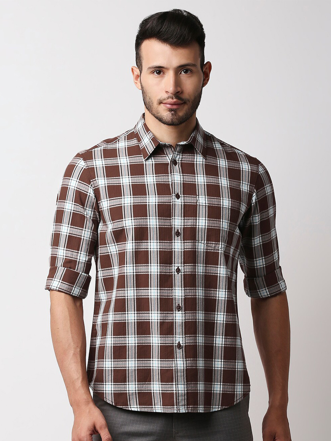

Basics Men Brown Slim Fit Tartan Checks Casual Shirt