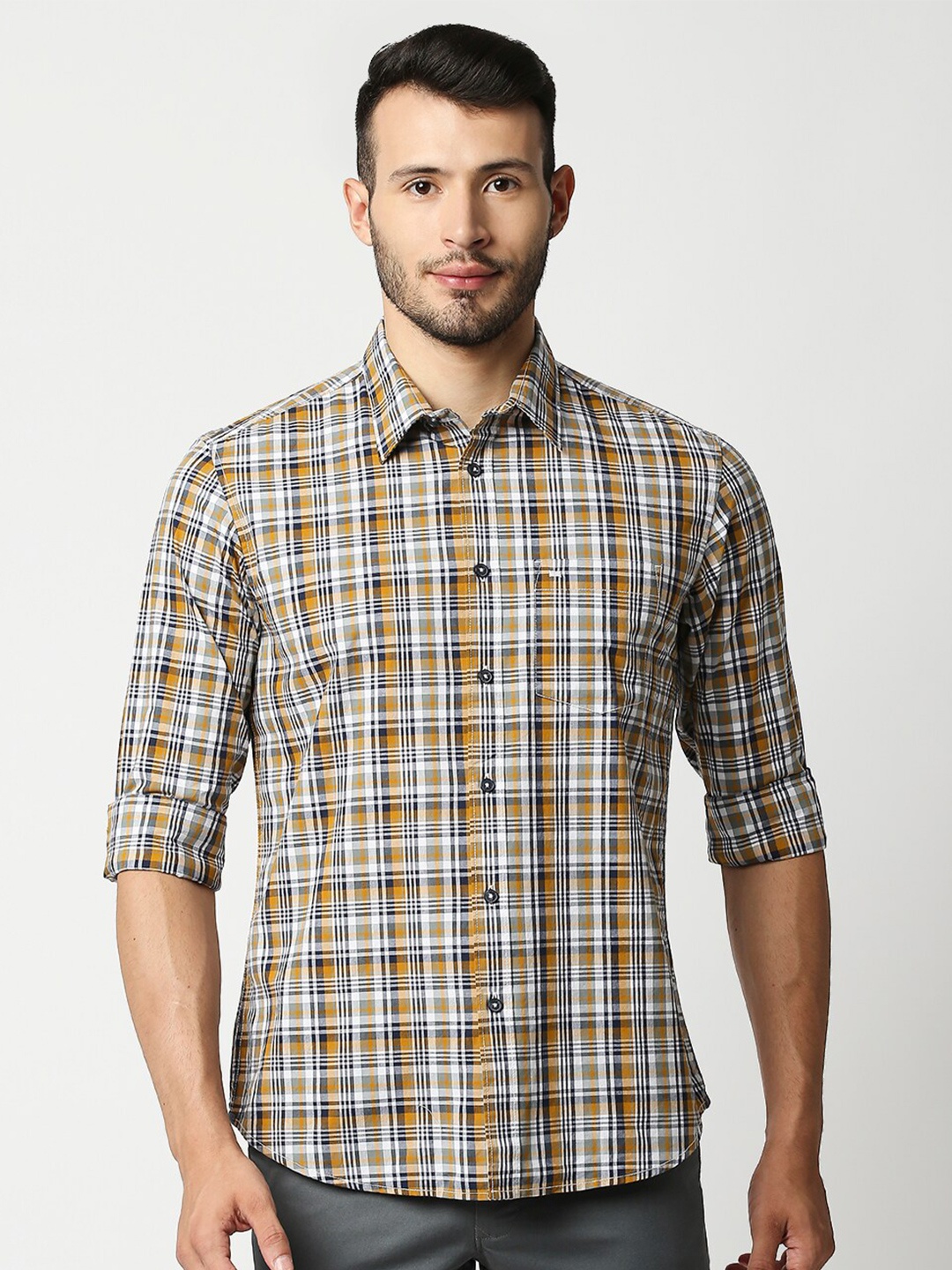 

Basics Men Yellow & Grey Slim Fit Tartan Checks Casual Shirt