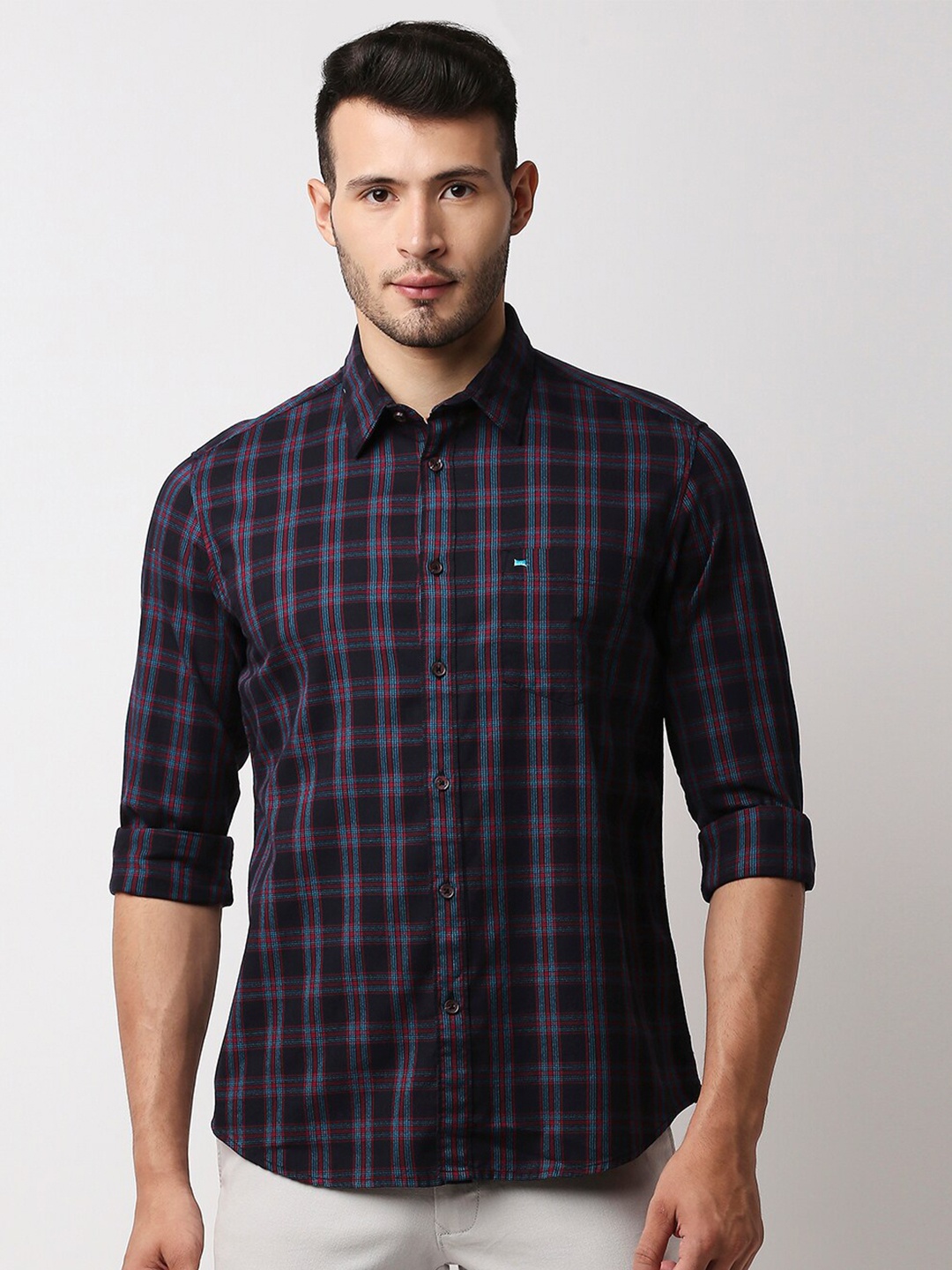 

Basics Men Blue Slim Fit Tartan Checks Casual Shirt