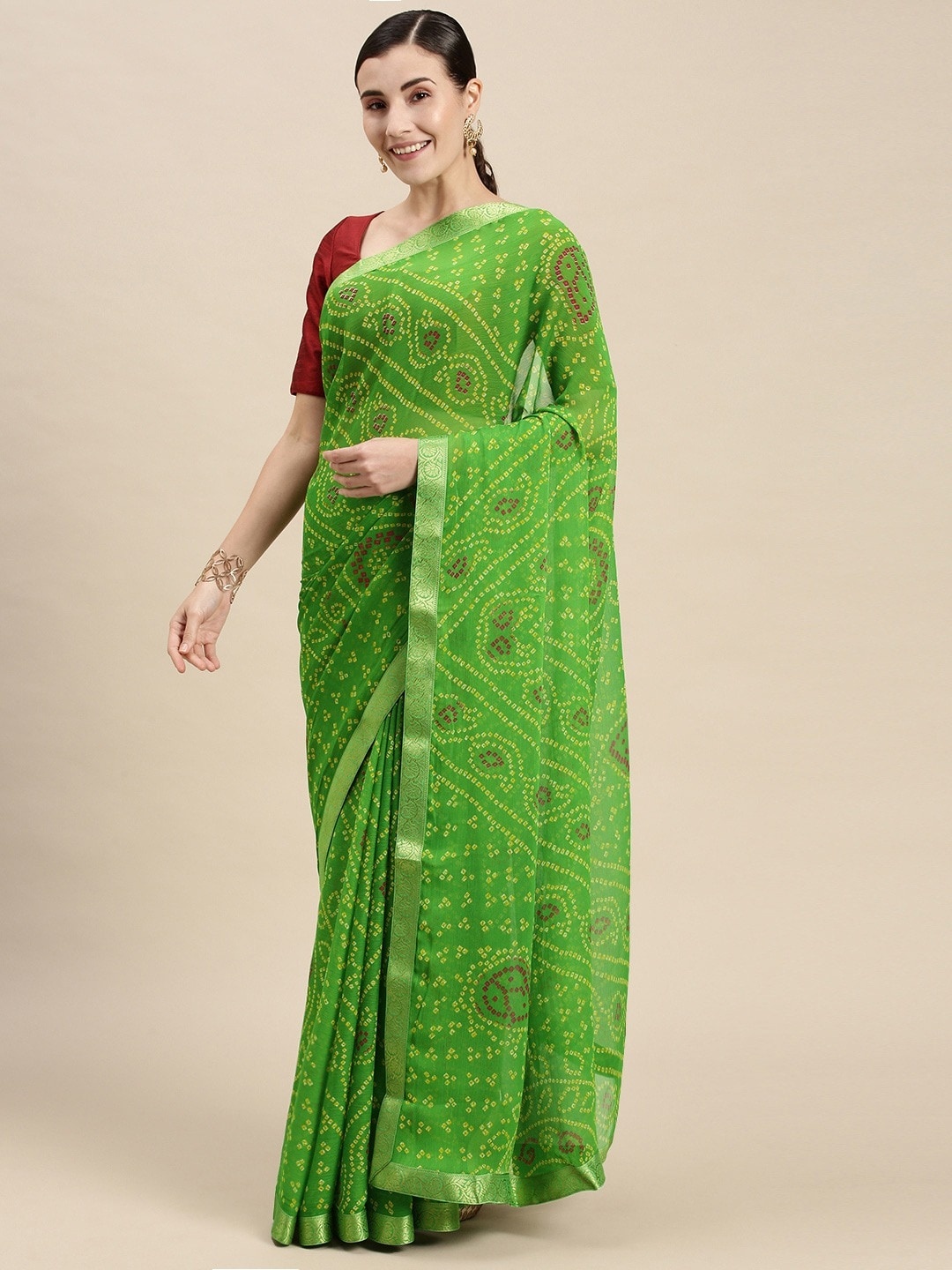 

Pandadi Saree Green & Yellow Bandhani Pure Georgette Bandhani Sarees