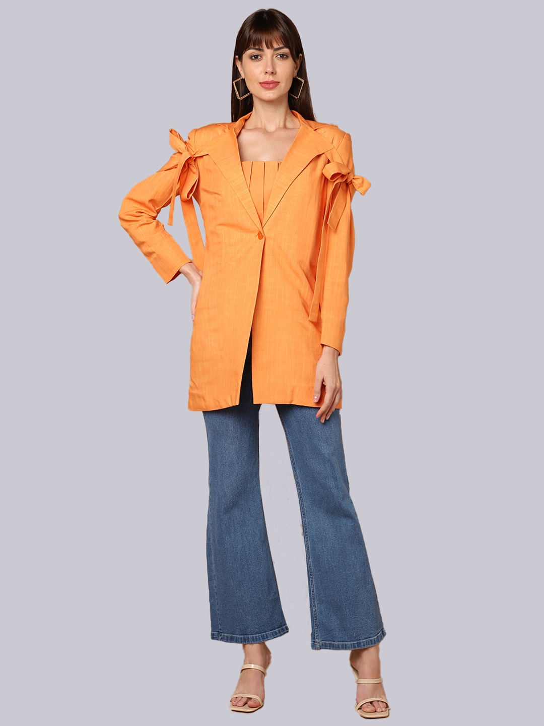

SHABERRY Women Orange Solid Linen Single-Breasted Regular-Fit Blazer
