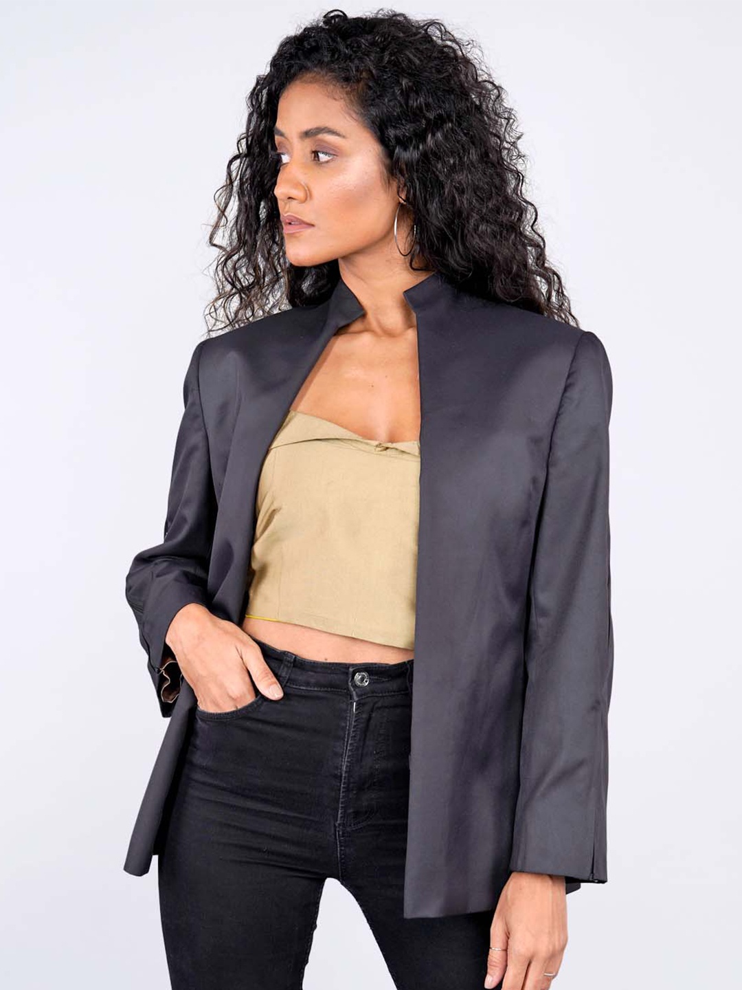 

SHABERRY Women Black Solid Open Front Blazer