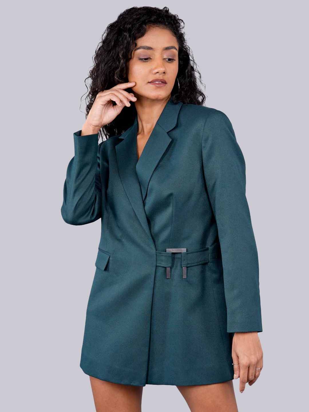 

SHABERRY Women Green Open Front Blazer With Buckle
