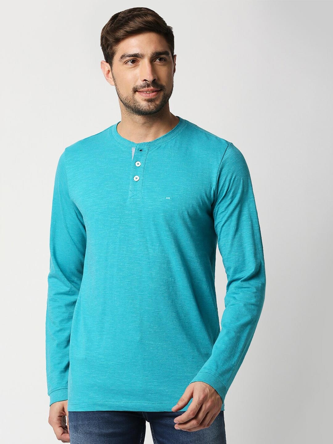 

Basics Men Turquoise Blue Henley Neck Slim Fit T-shirt