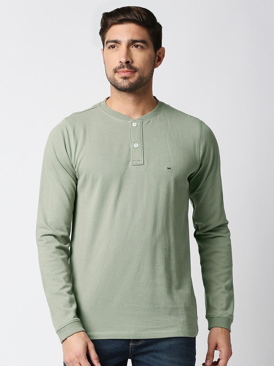 

Basics Men Olive Green Henley Neck Slim Fit Cotton T-shirt