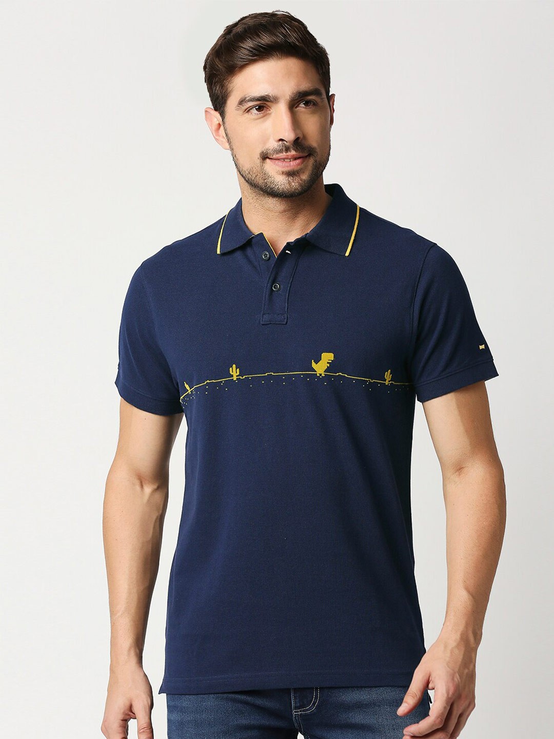 

Basics Men Navy Blue Polo Collar Slim Fit Cotton T-shirt