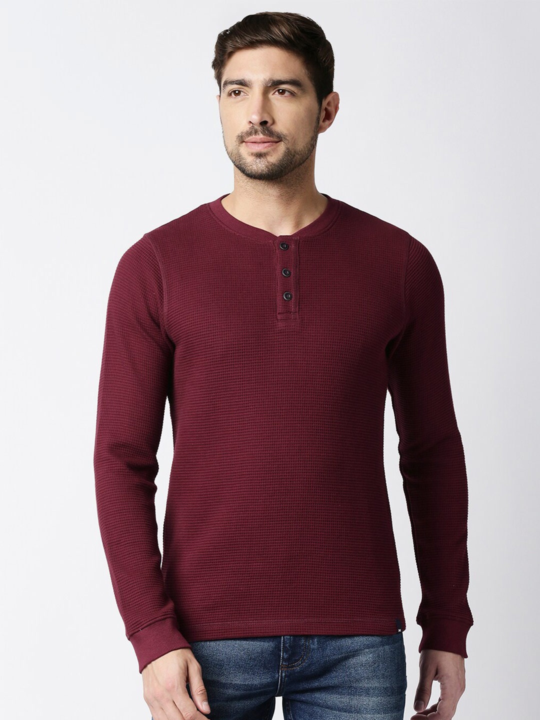 

Basics Men Maroon Solid Henley Neck Slim Fit Cotton T-shirt