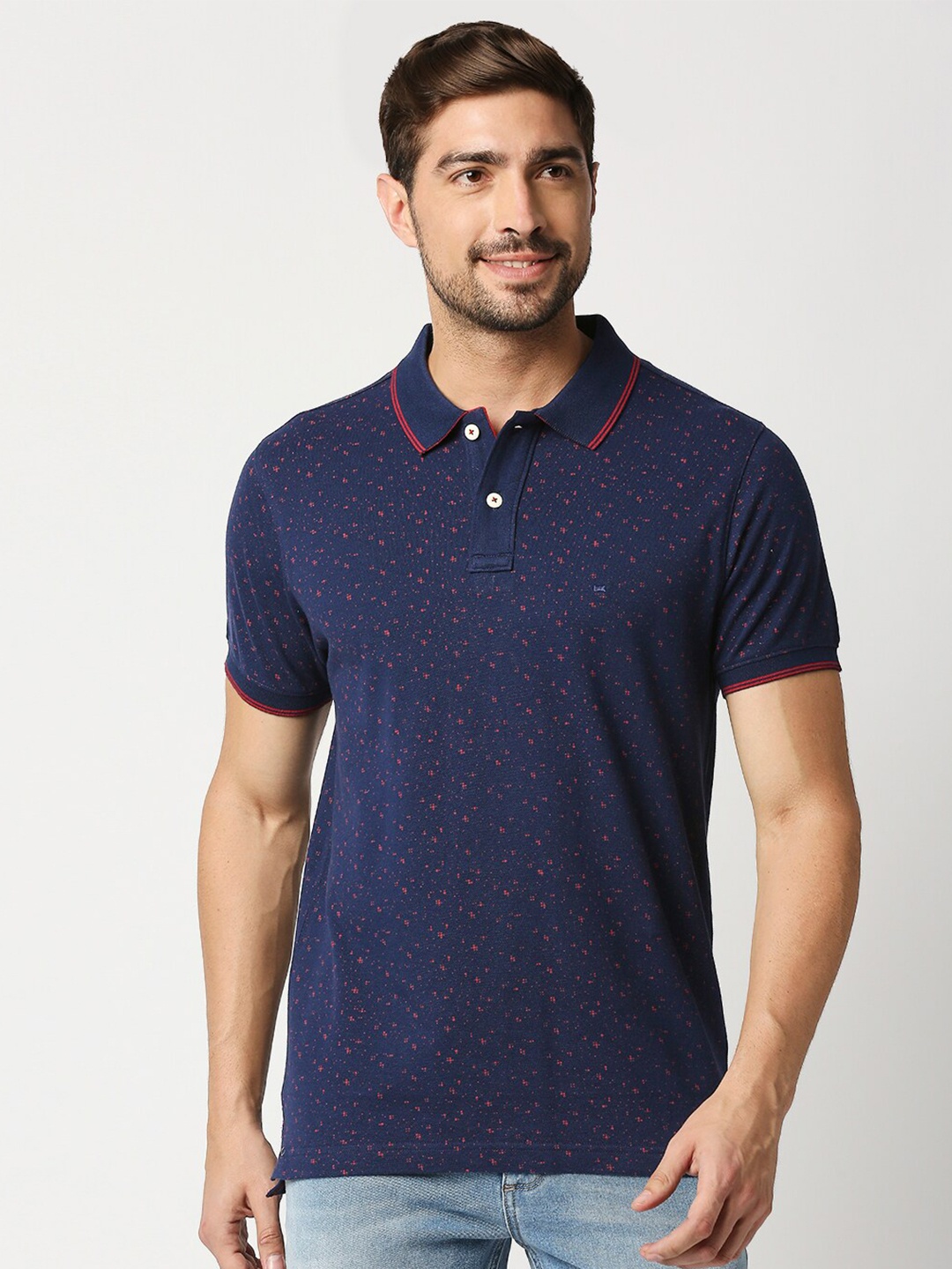 

Basics Men Navy Blue Printed Polo Collar Slim Fit T-shirt