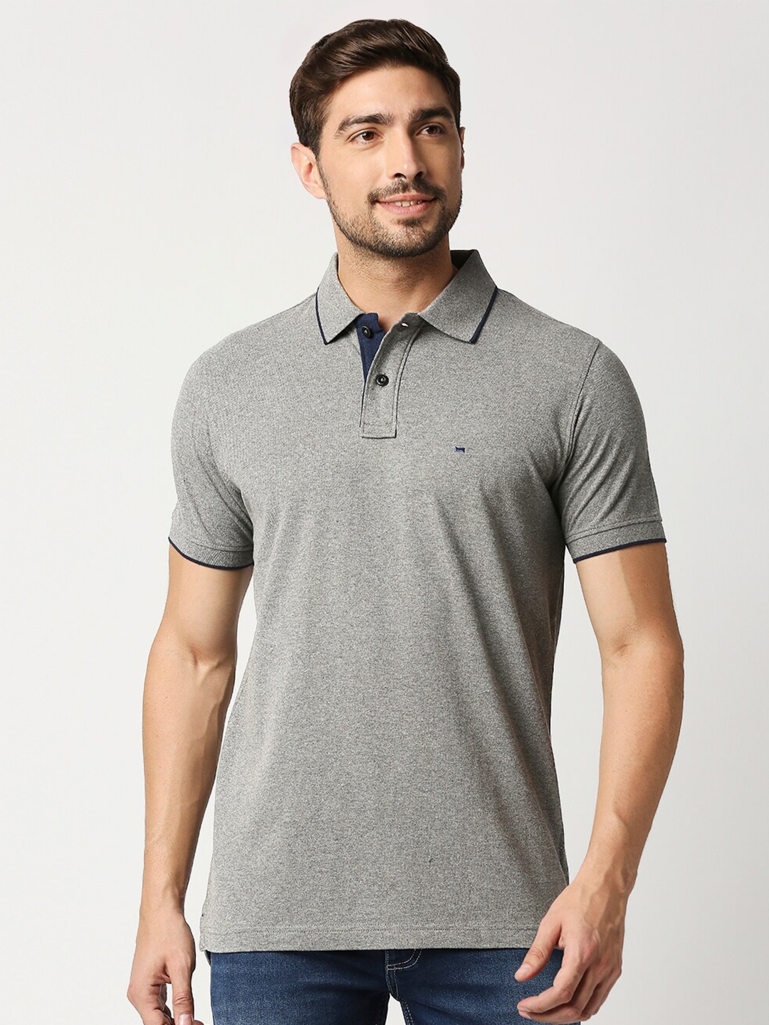 

Basics Men Grey Polo Collar Slim Fit Cotton T-shirt