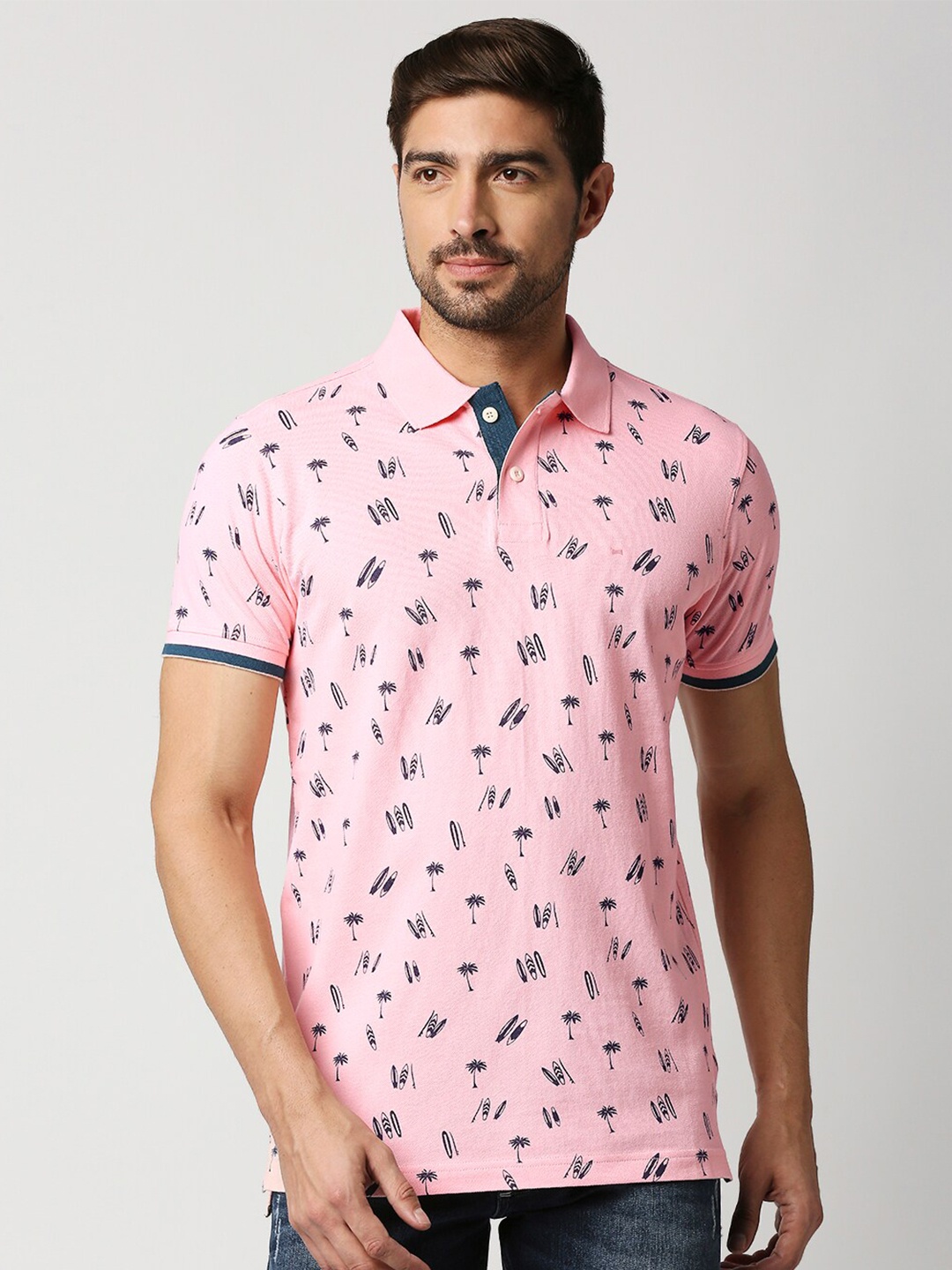 

Basics Men Pink & Black Printed Polo Collar Slim Fit Cotton T-shirt