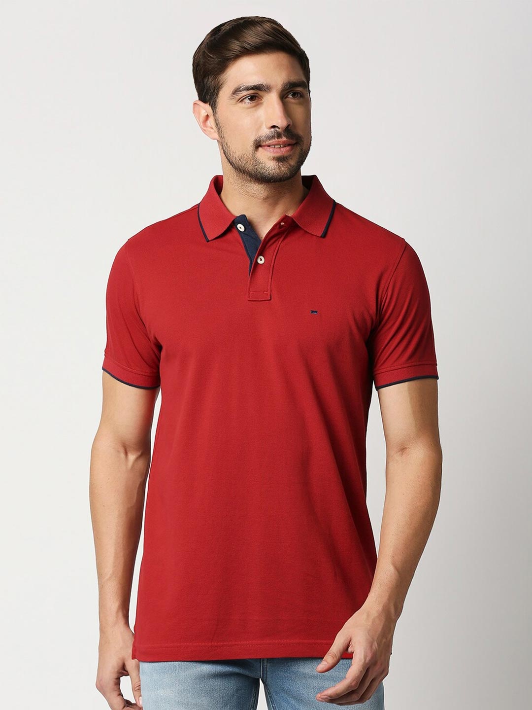 

Basics Men Red Polo Collar Slim Fit Cotton T-shirt