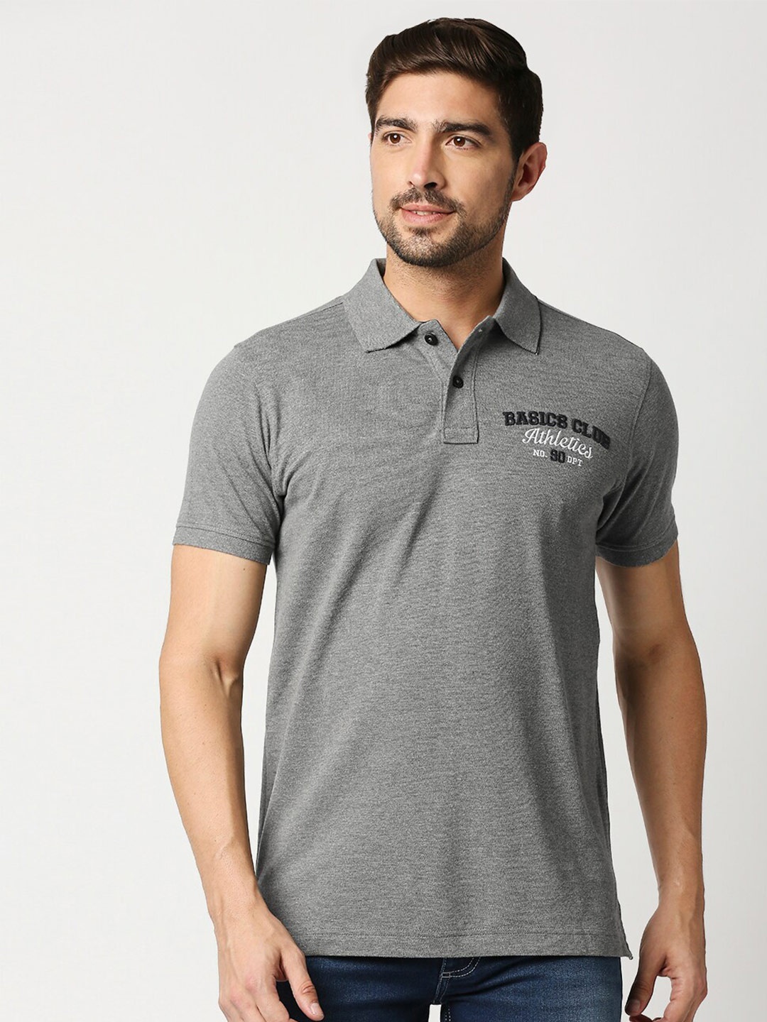 

Basics Men Grey Polo Collar Slim Fit T-shirt