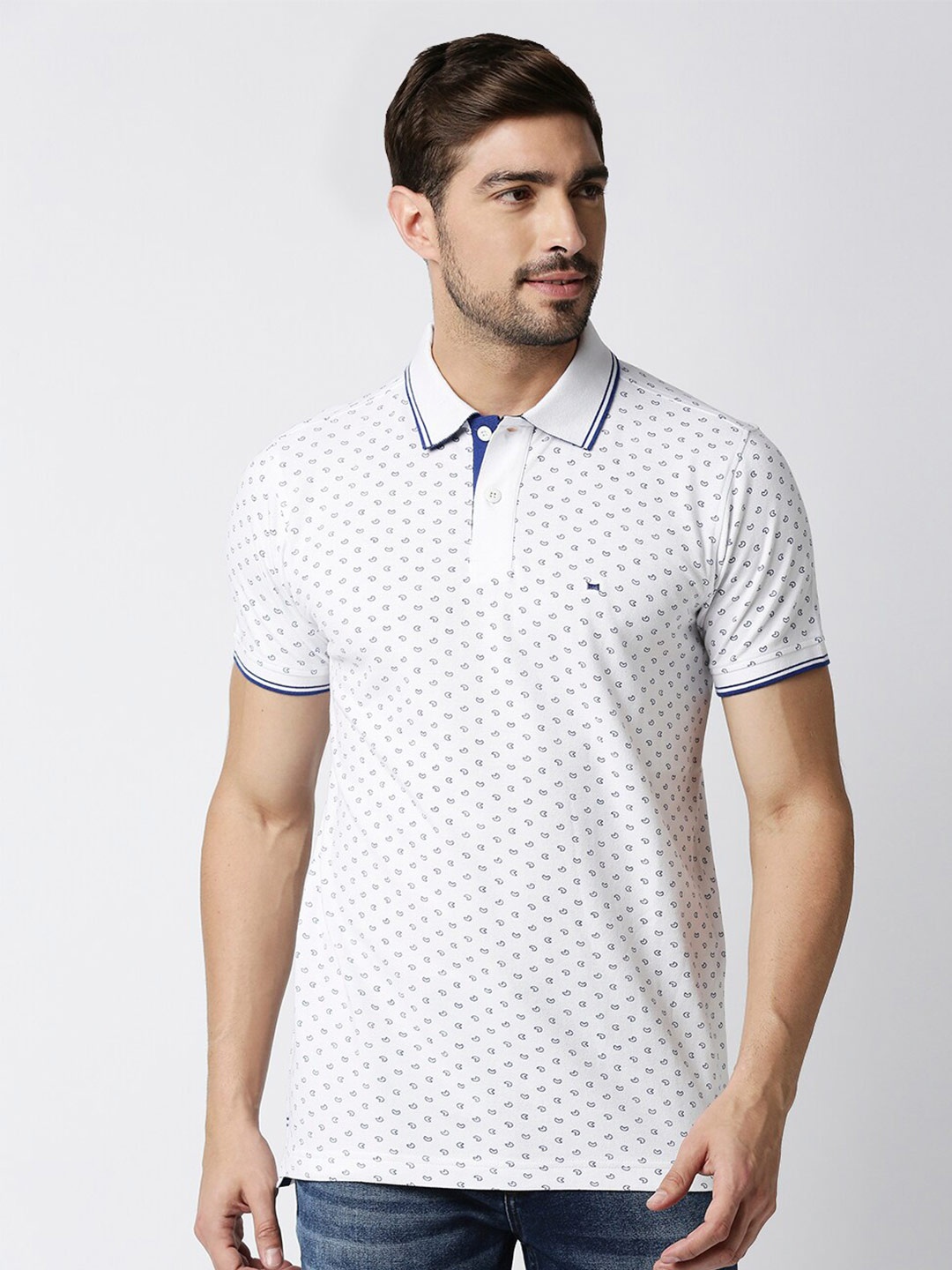 

Basics Men White Printed Polo Collar Slim Fit Cotton T-shirt