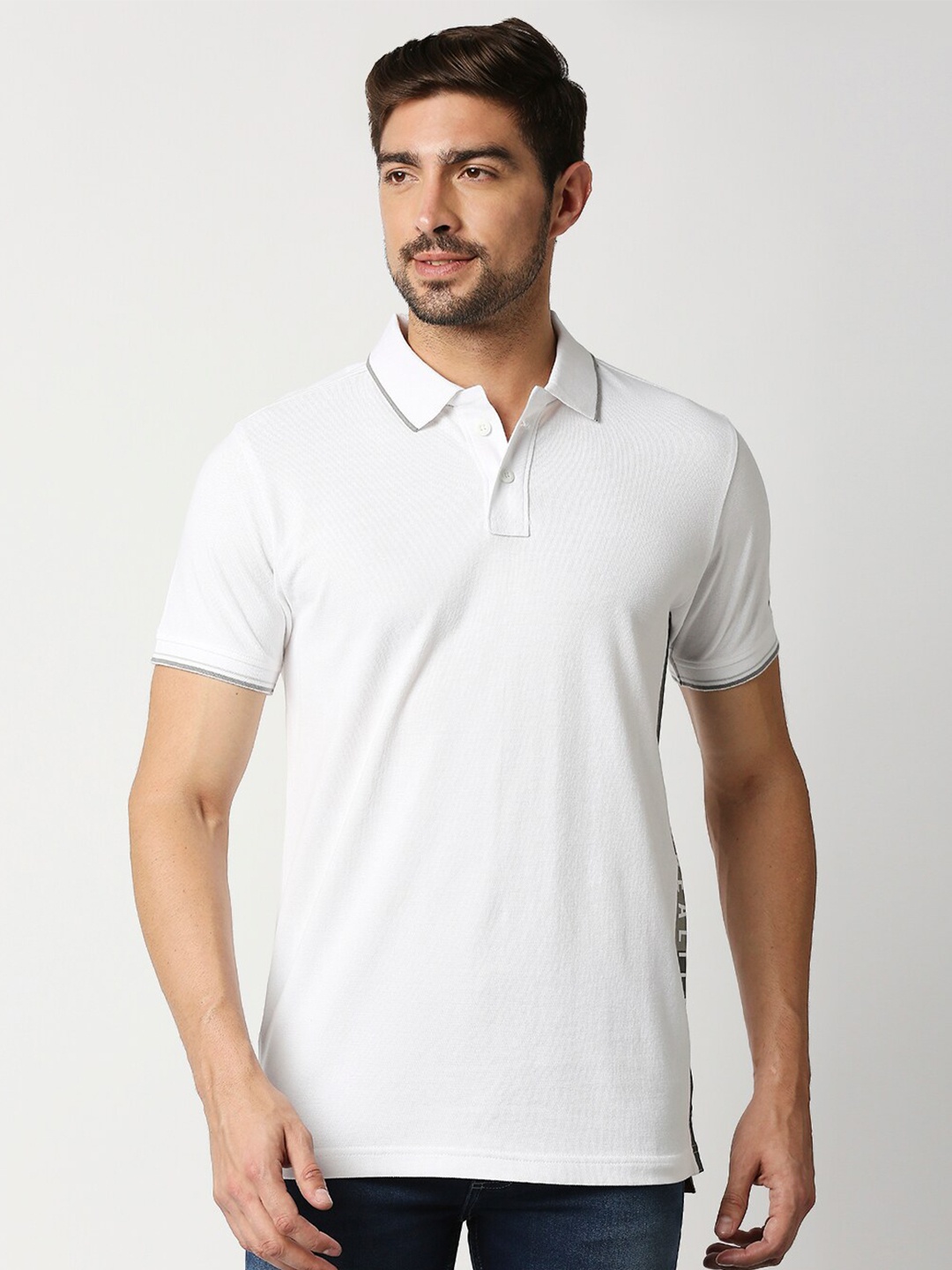 

Basics Men White Polo Collar Slim Fit Cotton T-shirt