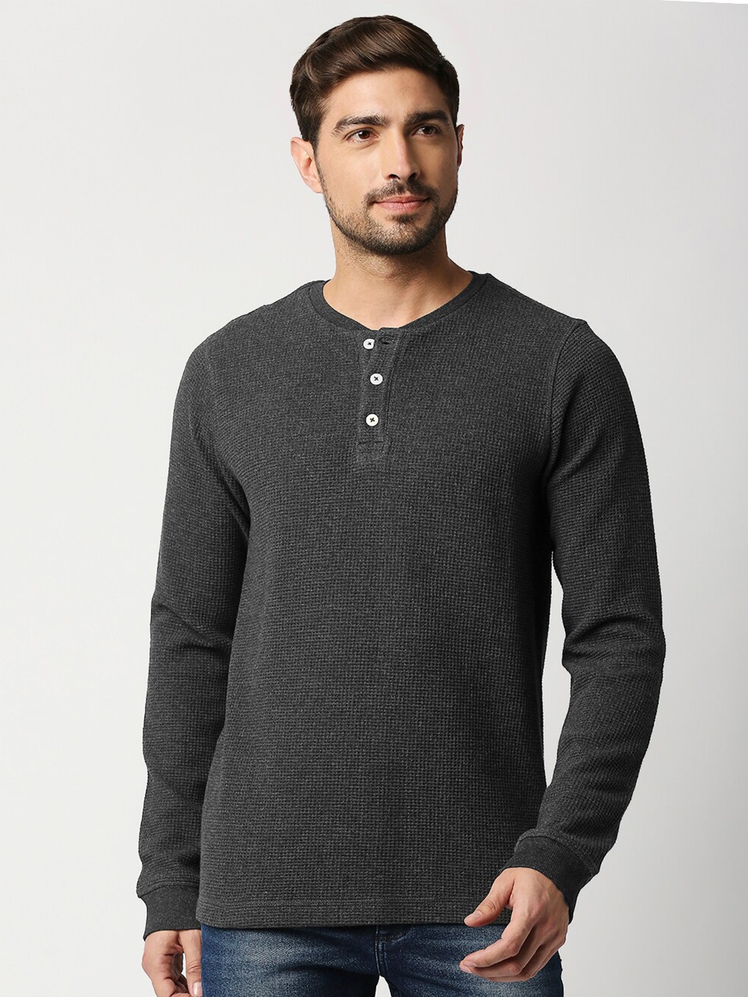 

Basics Men Grey Henley Neck Slim Fit T-shirt