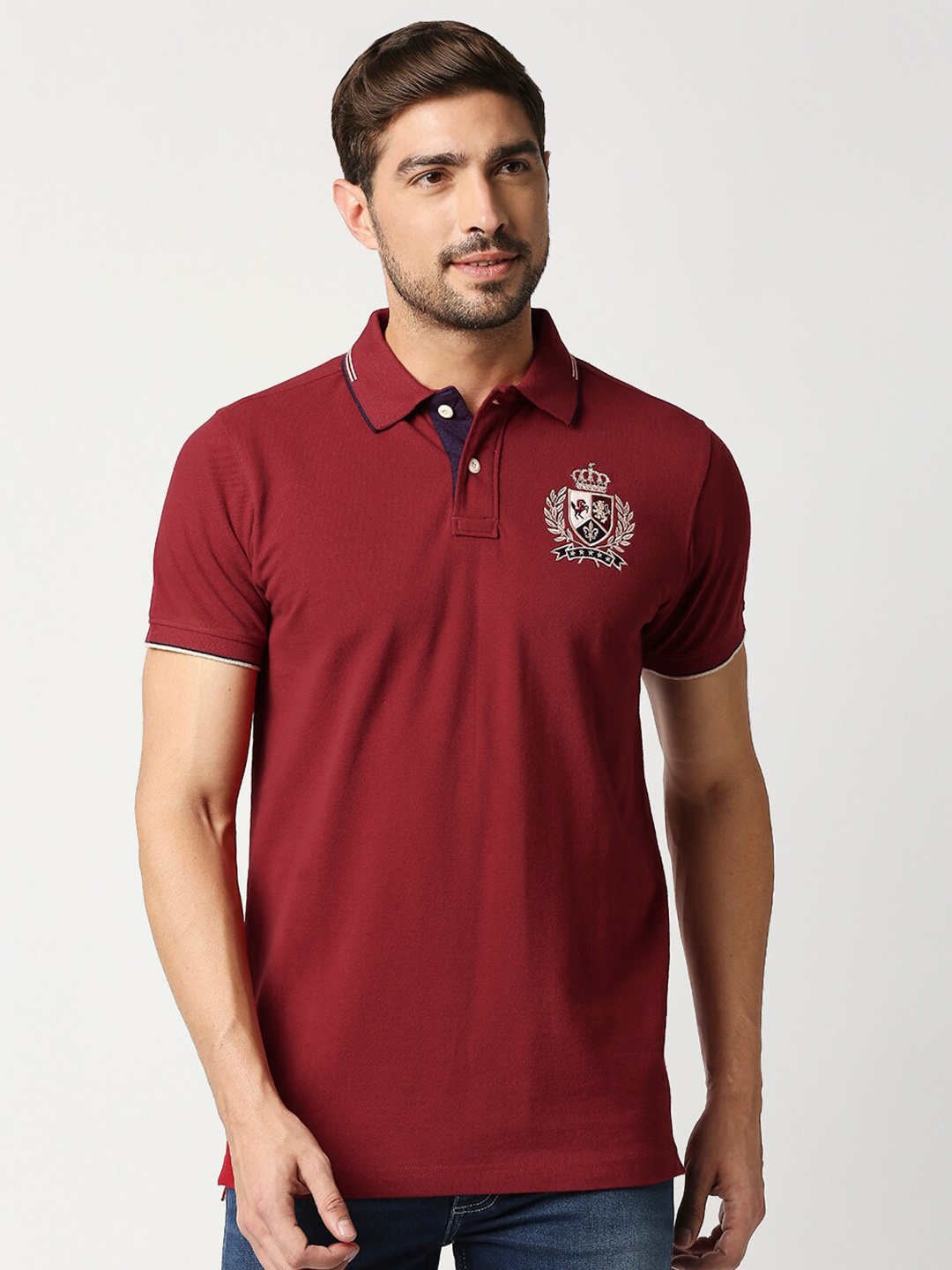 

Basics Men Red Polo Collar Slim Fit Cotton T-shirt