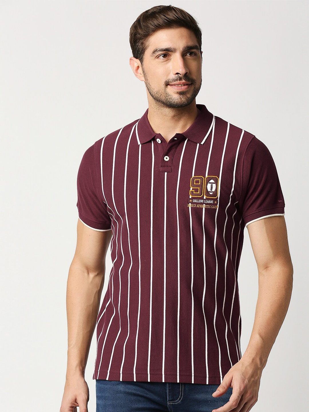 

Basics Men Maroon & White Striped Polo Collar Slim Fit Cotton T-shirt