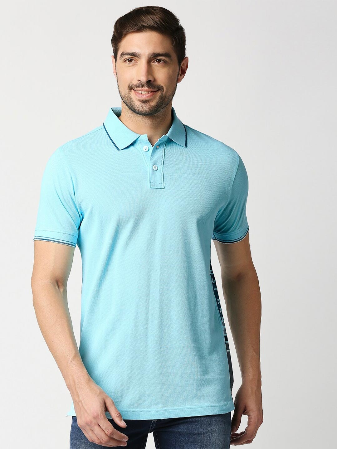 

Basics Men Blue Polo Collar Slim Fit Cotton T-shirt