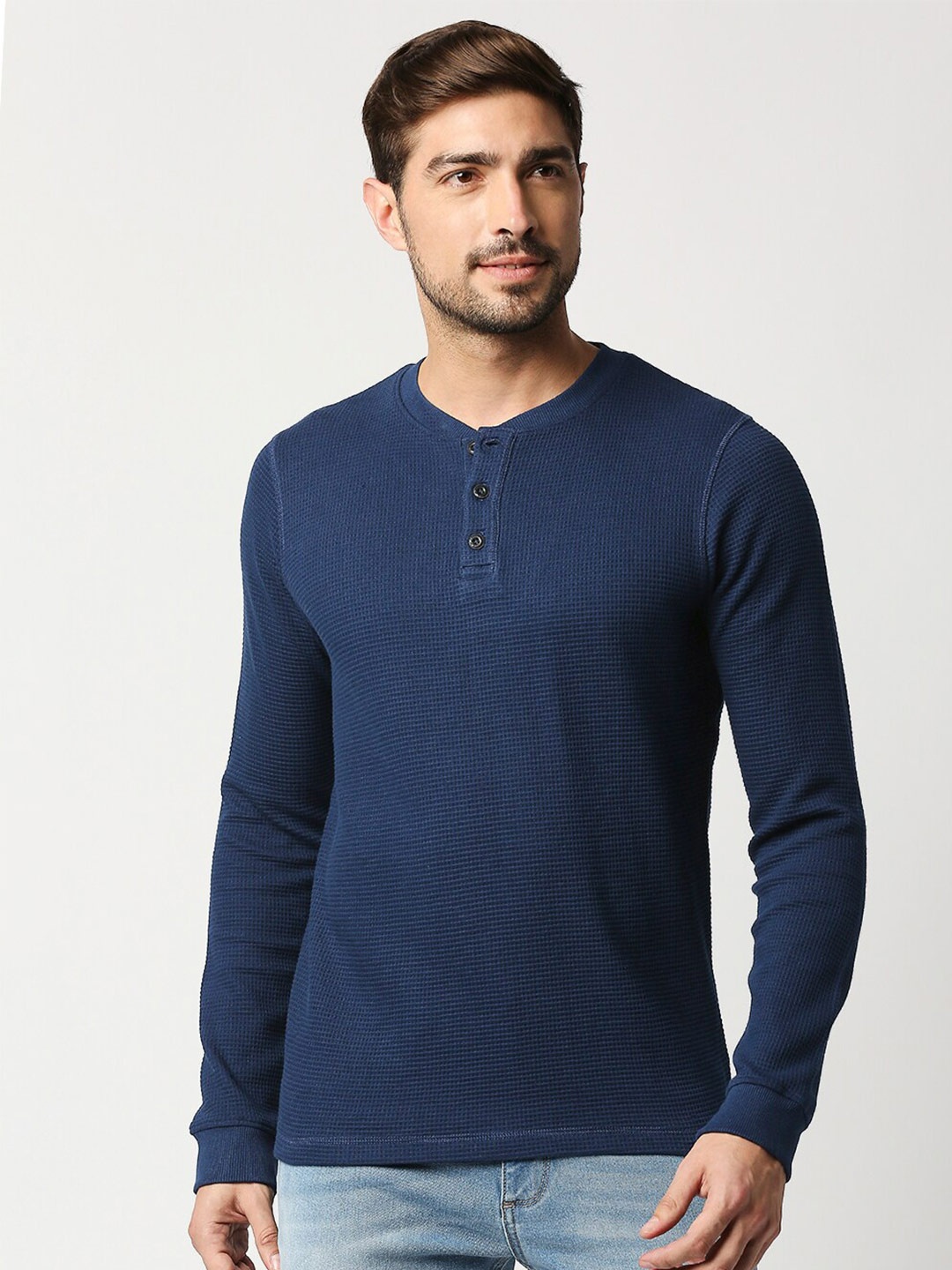 

Basics Men Navy Blue Henley Neck Slim Fit Cotton T-shirt