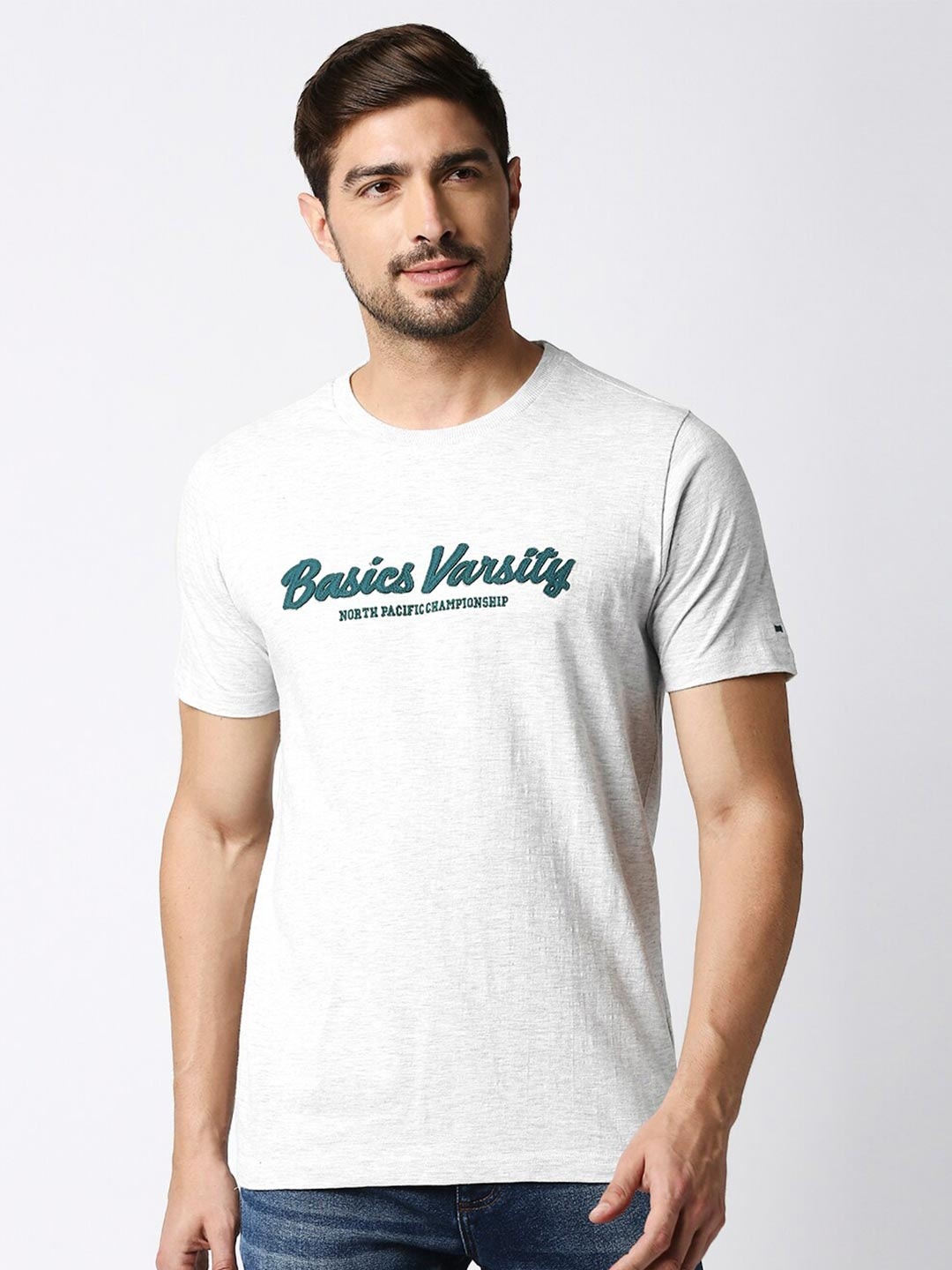 

Basics Men Grey & Green Typography Printed Slim Fit T-shirt