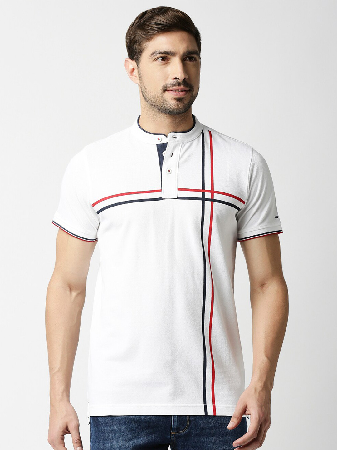 

Basics Men White Mandarin Collar Slim Fit Cotton T-shirt