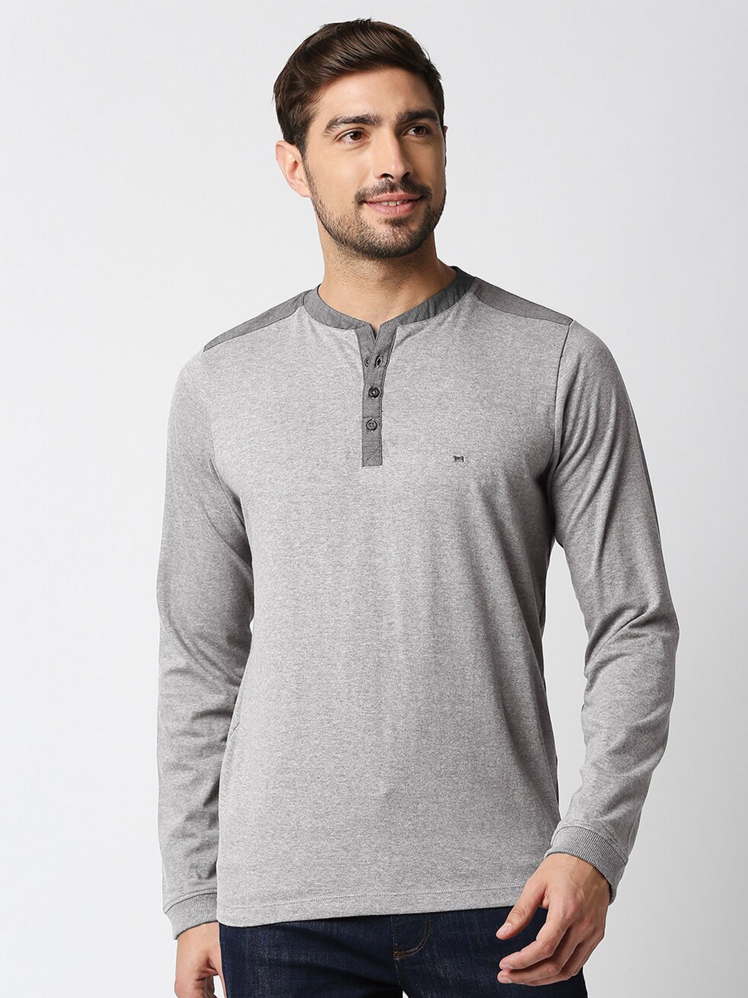 

Basics Men Grey Henley Neck Slim Fit T-shirt